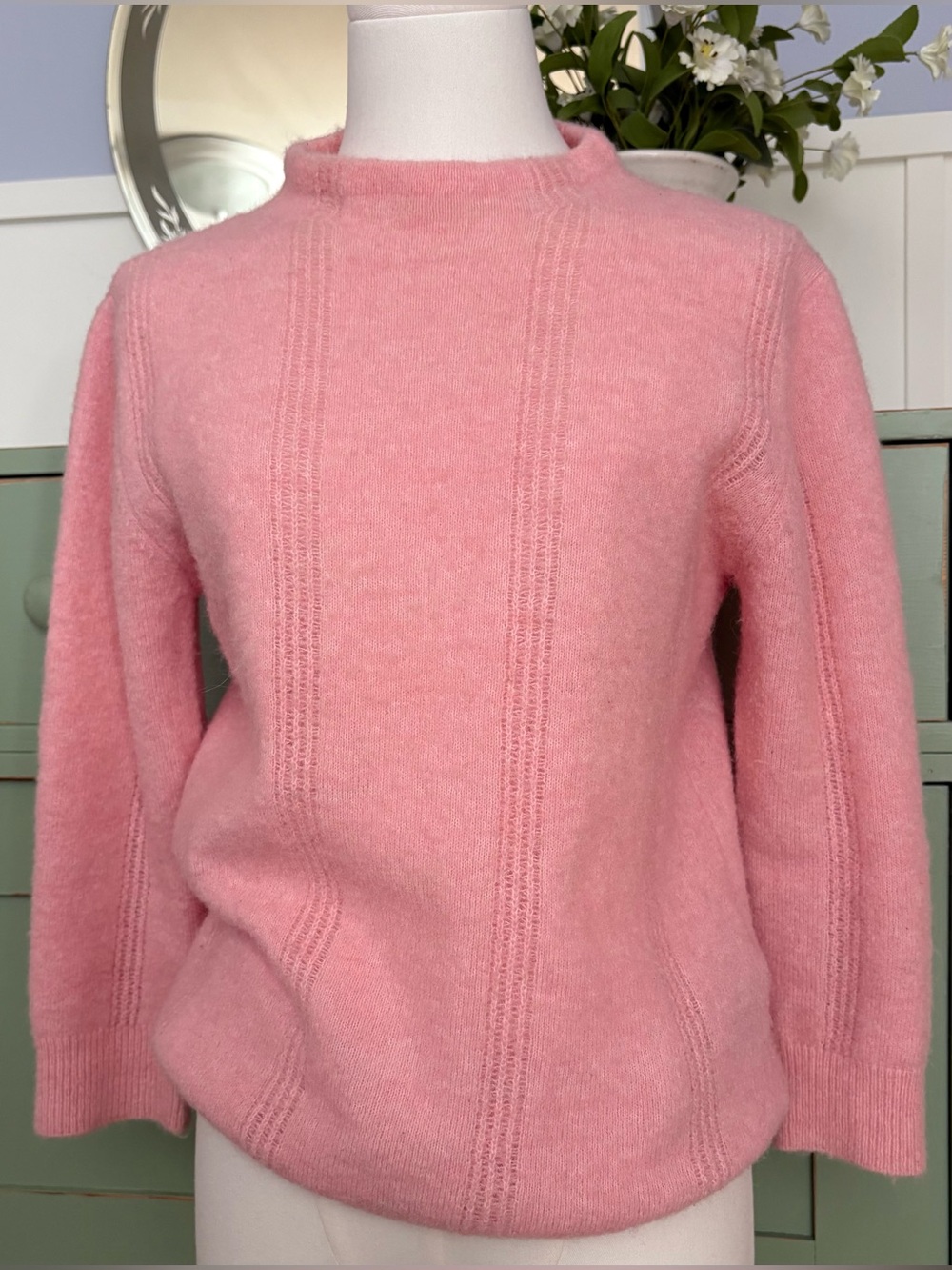 Sessùn Alpaca Blend Soft Pink Sweater w Crew Neck & Pointelle Panels 3/4 Sleeve